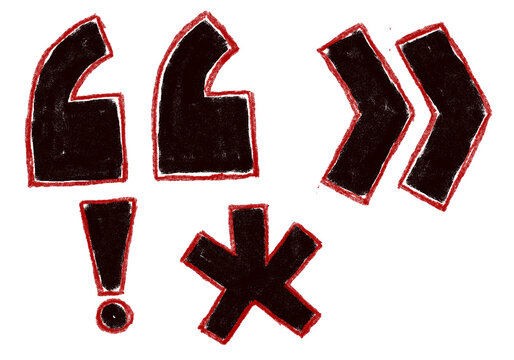 Hand-drawn Punctuation Marks: A whimsical collection of hand-drawn punctuation marks, including quotation marks, an exclamation point, and an asterisk, rendered in bold black with red outlines.