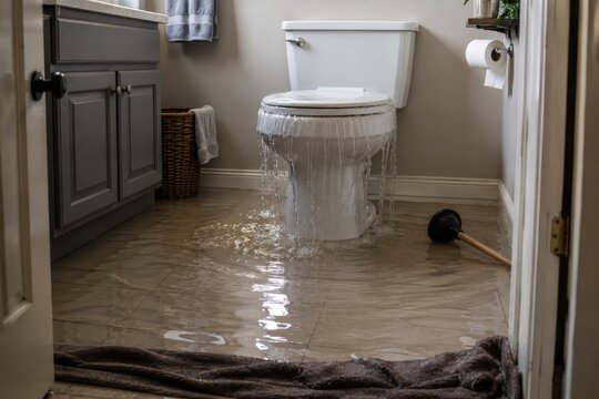 Bathroom with overflowing toilet causing water damage on tiled floor, featuring a plunger, towels, and a wicker basket, creating a scene of plumbing emergency and cleanup necessity