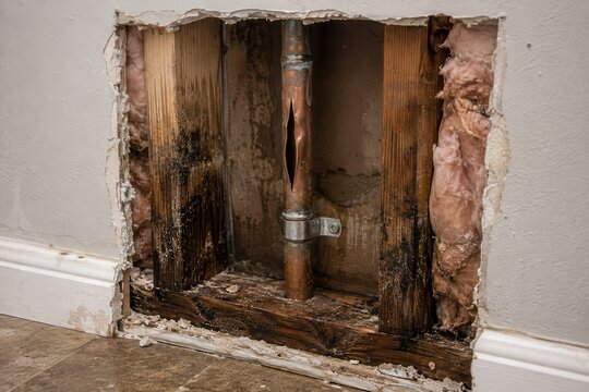 Exposed plumbing section in a wall showing damaged wood, copper pipe, and insulation, revealing signs of water damage and mold growth in a residential interior setting