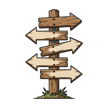 Wooden signpost with multiple arrows pointing in different directions.