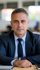 Fototapeta premium Male principal seated at minimal desk with blank tablet and closed notebook