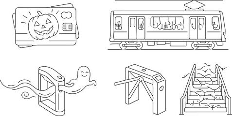 Fototapeta premium Set of hand drawn subway and halloween themed illustrations for creative projects.