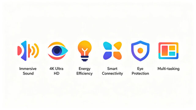 Smart home appliance function icon, audio-visual, energy-saving and interconnected eye protection multitasking, suitable for digital promotional pages and product introduction display boards.

