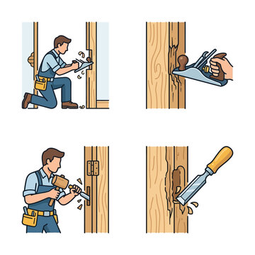 Woodworking Process Carpenter Repairing Door Frame with Tools.