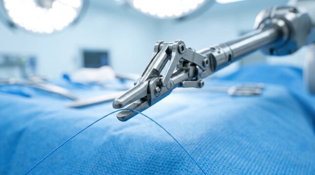 Robotic surgical tool holding a blue suture in an operating room
