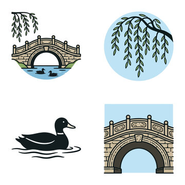 Stone bridge with willow branches and ducks in water.