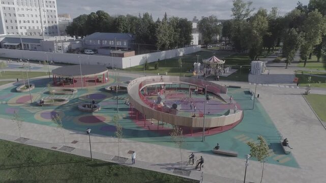 Drone slowly orbits the circular playground near the Kremlin in Tula
