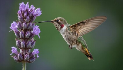Fototapeta premium Hummingbird hovering in mid air while feeding on purple lavender flowers in garden