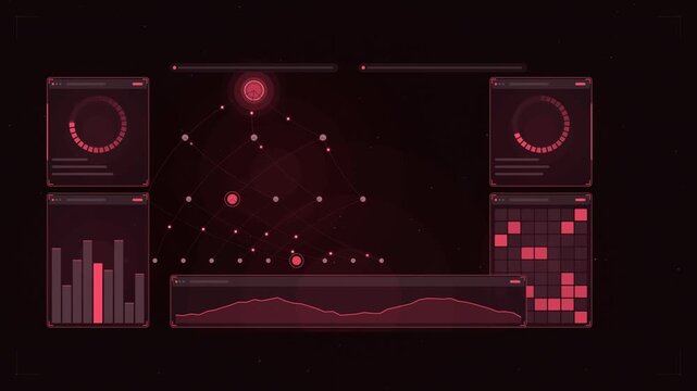 Abstract animated social media analytics reshares drawn as coral and magenta lines and shapes on a deep dark background. Seamless looping 4K motion graphics video with free space for text, ideal for b