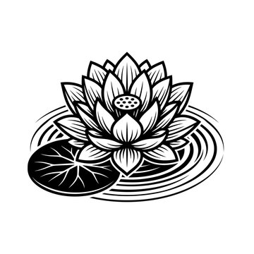 Stylized Black and White Lotus Flower Illustration.
