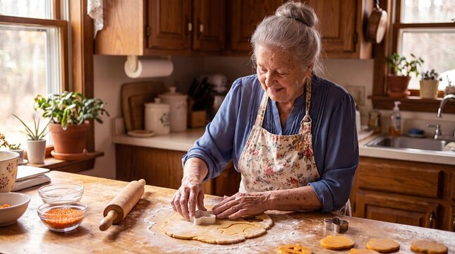 Elderly woman rolling dough and cutting pumpkin shaped cookies in rustic kitchen for autumn baking tradition