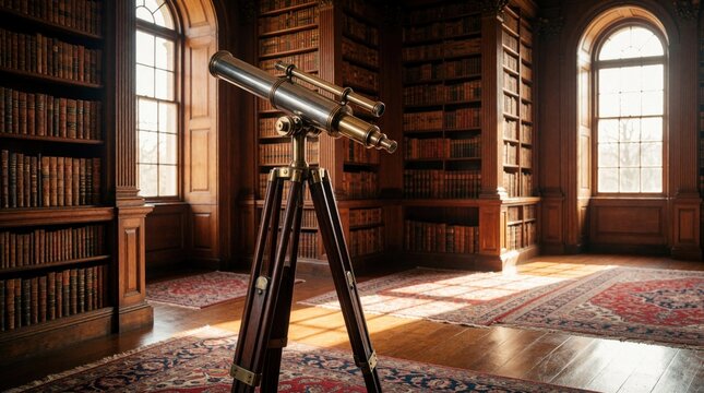 Antique brass telescope on wooden tripod in library with floor to ceiling bookshelves. Large arched window lets in sunlight casting shadows on ornate rugs and polished wood floor.