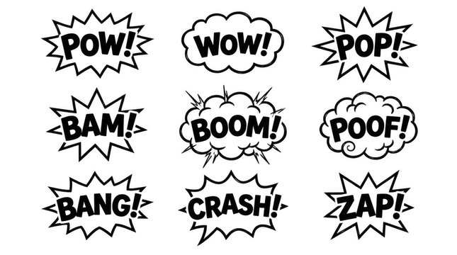 Set of comic book sound effect speech bubbles isolated on transparent background