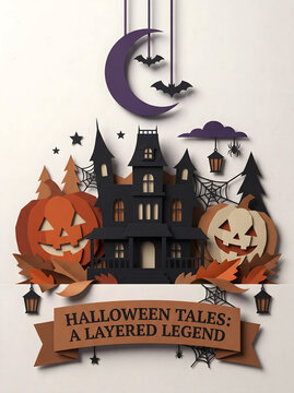 Paper cut Halloween haunted house illustration with jack o lanterns photo, papercraft dark spooky mansion crescent moon and carved pumpkins banner, and holiday vector art graphic.