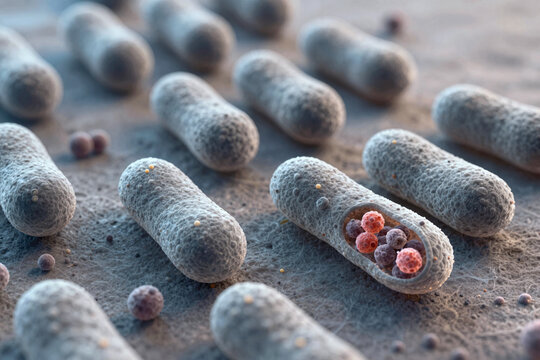 Microscopic view of bacteria displaying cellular structures and internal contents Bacteria cells show internal pink spheres inside one rod-shaped cell