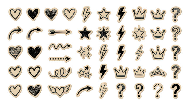 Handdrawn doodle stickers set with hearts, stars, crowns, lightning bolts isolated on transparent background