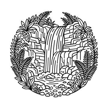 Stylized Waterfall Illustration with Lush Foliage Border.