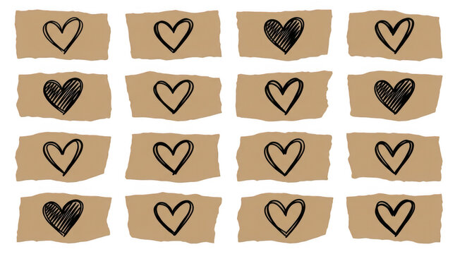 Sixteen tan paper scraps with drawn black hearts isolated on transparent background