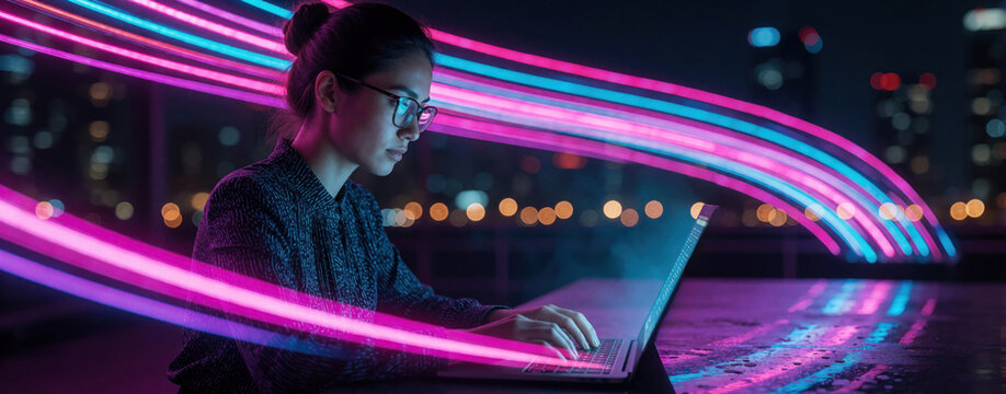 Focused young woman works on laptop computer with colorful neon light trails at night. Female freelancer uses digital tech in modern urban office. Creative pro programmer types on keyboard amidst