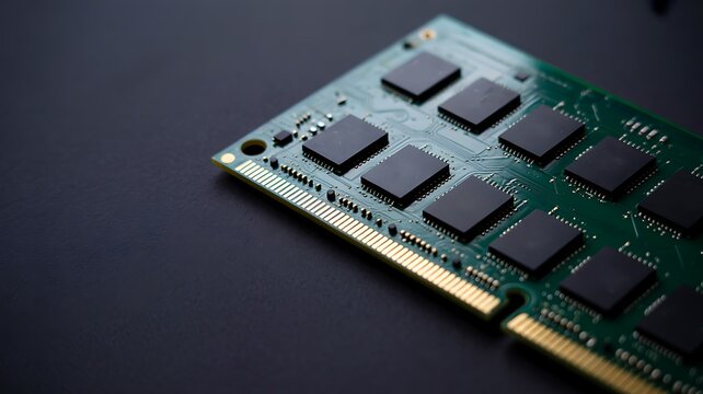 Computer memory module with multiple chips isolated on a dark background