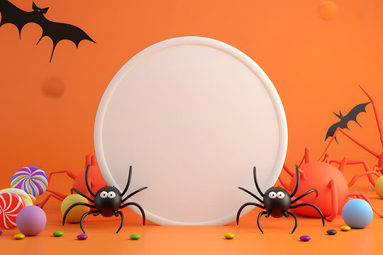 3D Rendered Cute Halloween Spiders and Bats with Central Circular Copy Space for Kids Party Invitation