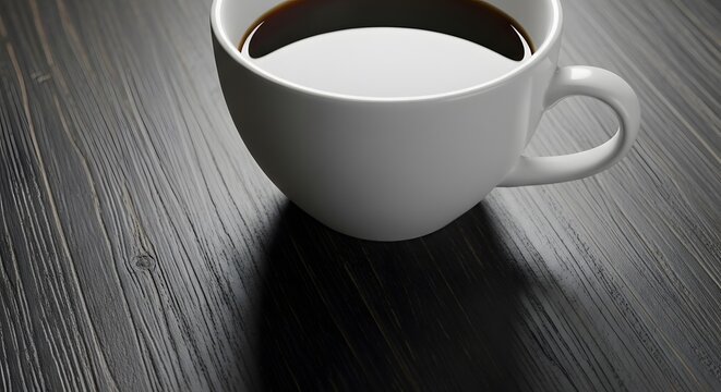 Fresh Black Coffee in White Cup on Dark Wood