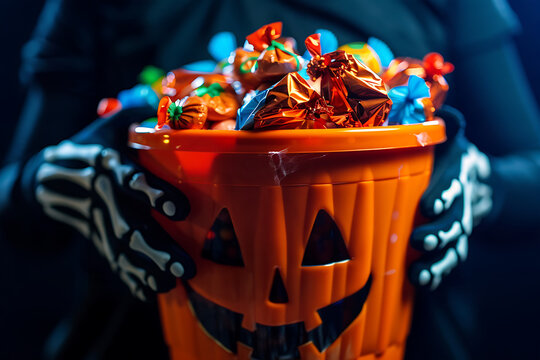 Close-up Cinematic Photography of Skeleton Hands Holding Pumpkin Candy Bucket for Dark Spooky Halloween Campaign