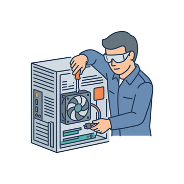 Technician repairs computer hardware with screwdriver and safety glasses.