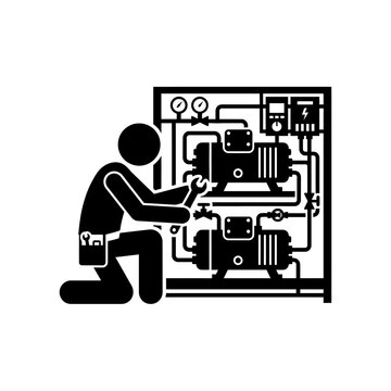 Technician working on industrial machinery with gauges and pipes.
