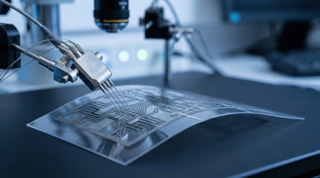 Probe station testing flexible electronic circuit board in laboratory