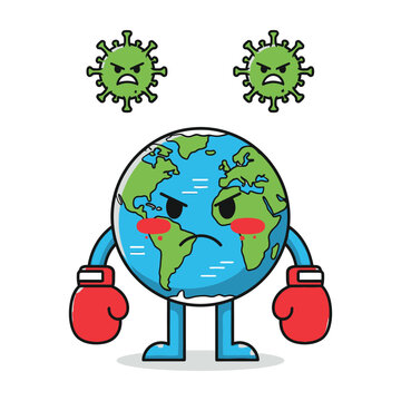 Earth wearing boxing gloves fighting covid 19 virus cartoon illustration
