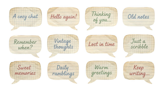 Set of vintage speech bubbles with handwritten notes isolated on transparent background