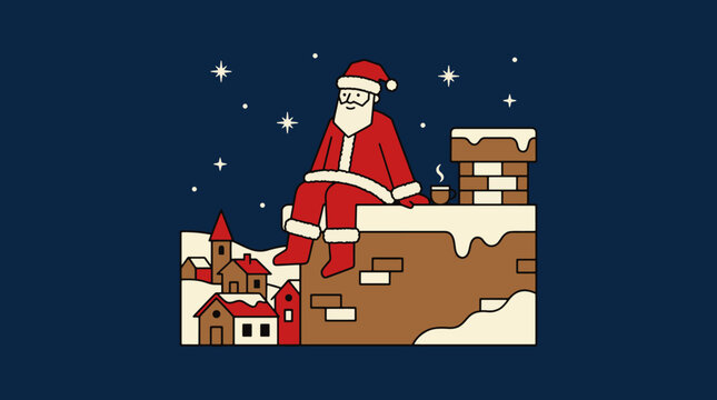 Santa Claus sitting on roof beside chimney holding cup of hot drink at night