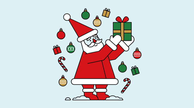 Santa Claus holding a green gift box surrounded by floating Christmas ornaments