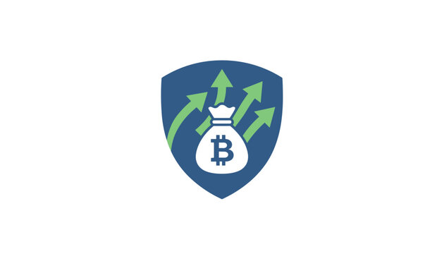Shield-shaped cryptocurrency investment logo featuring a white Bitcoin money bag surrounded by green rising arrows.