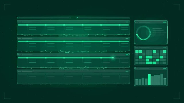 Abstract animated training progress tracks filling drawn as cyan and teal lines and shapes on a deep dark background. Seamless looping 4K motion graphics video with free space for text, ideal for educ