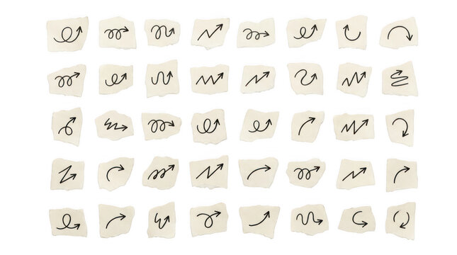 Set of various handdrawn arrow doodles on torn paper scraps isolated on transparent background