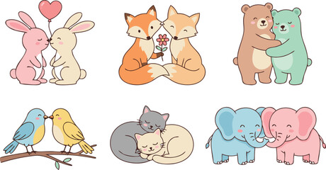 Obraz premium Cute Animal Couples Vector Set with Kawaii Rabbits, Foxes, Bears, Birds, Cats, and Elephants in Love for Valentine Day Greeting Cards and Children Graphic Designs
