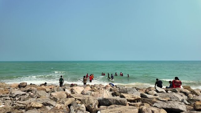 Visitors Enjoying in Rough Sea Waves at Arichal Munai, Dhanushkodi, Tamil Nadu