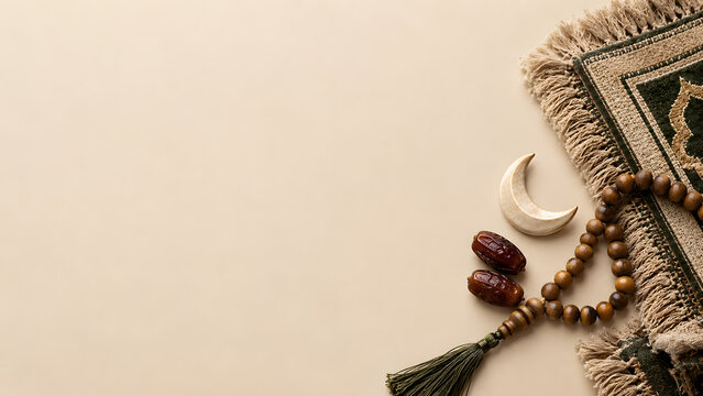 Islamic Ramadan background with prayer rug and beads. Traditional Muslim prayer mat, tasbih and dates on beige surface. Religious Eid Mubarak concept.