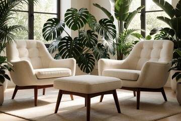 Fototapeta premium Bright living room features two cream armchairs and ottoman. Large tropical plants fill space near window. Mid century furniture with botanical decor.