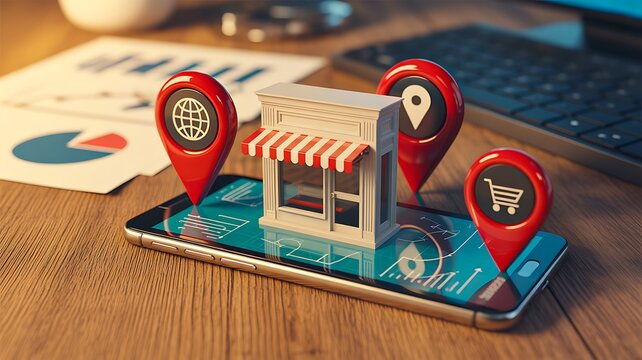 Local business marketing concept with storefront, location pins, and digital map