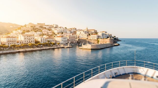 Cruise Ship Arriving at Historic Mediterranean Coastal Town Harbor at Sunset