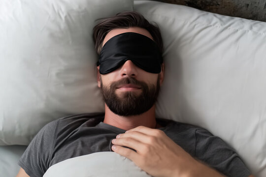 Man sleeping peacefully in bed wearing a black sleep mask at home