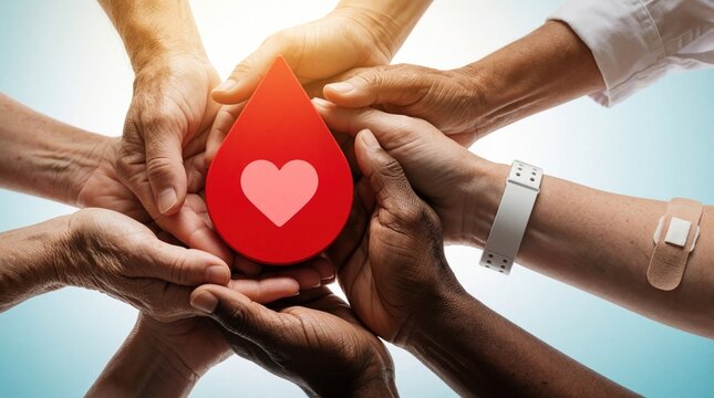 Diverse group of hands hold large red blood drop with heart symbol. Multiracial people support blood donation campaign. Volunteers join together for medical charity work. Community shows solidarity,