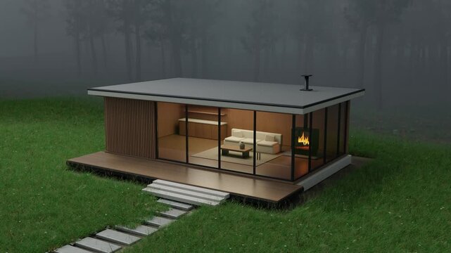 Modern tiny house in misty forest setting. Looped animation