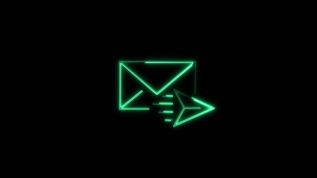 Vibrant green neon animation displaying an envelope icon sending a paper plane arrow on a dark background, ideal for email and messaging topics.