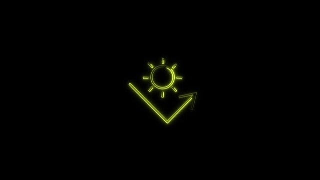 Bright yellow neon animation showing a glowing sun icon with a light reflection arrow, representing solar energy, summer heat, and climate concepts.