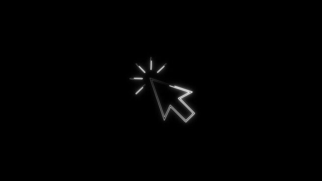 Animated white neon mouse cursor icon clicking with radiant spark lines on a black background, perfect for web interaction and tutorial projects.