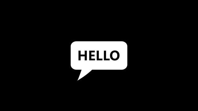 Animated speech bubble with "HELLO" text appearing on a black background, perfect for video intro, messaging concept, greeting, or social media pop-up clip.